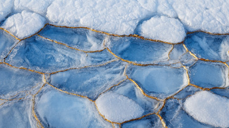 Close-up view of intricate ice formations mixing with clear water in a frozen environment. The scene captures the beauty of winter's natural patterns under sunlight.の素材
