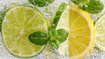 A close view of a refreshing beverage featuring vibrant lemon and lime slices with fresh mint leaves floating in sparkling water, creating a fizzy and inviting drink.の素材