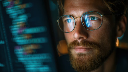 An individual with glasses closely examines a computer screen filled with lines of code. Soft lighting creates a focused atmosphere as he analyzes information late in the evening.の素材