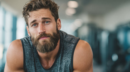 A young man with a beard sits in a gym, taking a moment to relax after an intense workout. His focused expression shows commitment to fitness and health.の素材