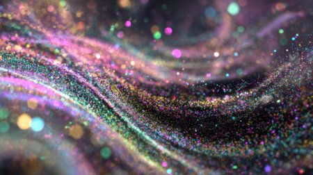 Beautiful sparkling particles flow in vibrant colors, creating a stunning wave effect against a dark background. The scene captures a sense of magic and wonder.の素材