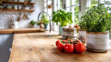 Vibrant, fresh tomatoes are arranged on a wooden kitchen counter next to pots of green herbs. Sunlight streams in through the windows, creating a warm and inviting atmosphere.の素材