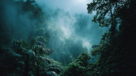A thick mist blankets a vibrant jungle, creating a mysterious atmosphere. Lush green trees tower over the landscape, inviting exploration at dawn. The early morning light filters through the foliage.の素材