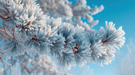Pine branches covered in frost reflect sunlight, creating a shimmering effect. The blue sky serves as a backdrop, highlighting the beauty of winter.の素材