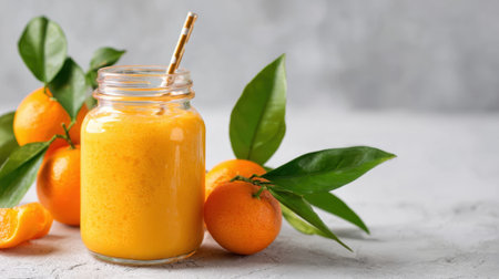 Bright orange juice is served in a glass jar with a striped straw. Fresh oranges and green leaves surround the jar on a light, textured surface, creating a vibrant, inviting scene.の素材