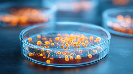 A close-up view shows petri dishes filled with a gelatinous medium where orange bacterial colonies are growing. This scene highlights research activities in a science lab setting.の素材