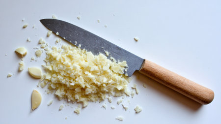 A knife rests on a clean surface next to minced garlic. Whole garlic cloves lay scattered around, indicating preparation for cooking. The scene suggests a culinary activity.の素材