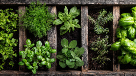 Fresh herbs grow healthily in a wooden planter, arranged in neat sections. The vibrant green leaves stand out in the sunlight, ideal for cooking and seasoning food.の素材