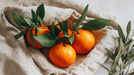 Three orange vibrants with green leaves rest on a textured fabric surface, showing their natural freshness in a well-lit setting, perfect for a healthy snack.の素材