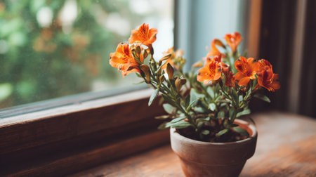 A small clay pot holds vibrant orange flowers placed on a wooden table near a window. Sunlight pours in, illuminating the plant's petals and leaves.の素材