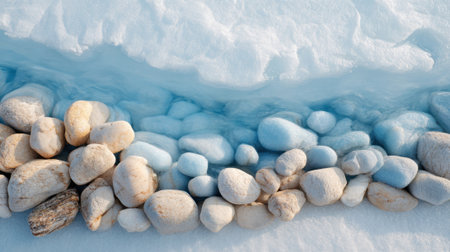 Smooth, round stones, varying in color from light beige to soft blue, contrast against the shimmering ice and water. The scene captures the cold beauty of winter in a serene environment.の素材