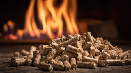 A pile of wood pellets is placed near a glowing fireplace. The flames flicker warmly, creating a cozy atmosphere perfect for chilly nights spent indoors with family or friends.の素材