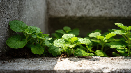 Green mint plants flourish in a concrete garden bed, soaking in the sunlight on a warm afternoon. The vibrant leaves show new growth, promising fresh flavors.の素材