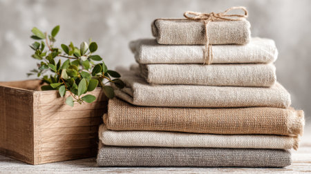 A collection of neatly stacked linen fabrics in neutral colors rests on a wooden surface. A small green plant sits in a wooden box nearby, adding a touch of nature to the setting.の素材