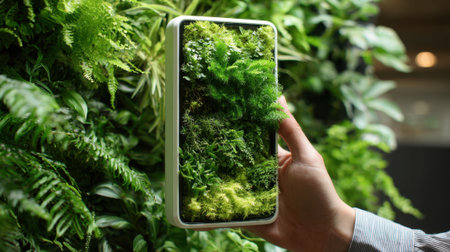 A person holds a smartphone in front of a wall covered with various green plants. The phone screen showcases a digital display of lush greenery, blending nature with technology.の素材
