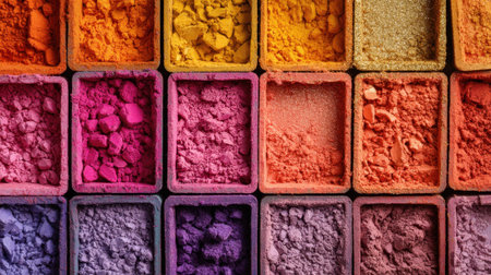 Rows of square containers filled with various vibrant colored powders are displayed. These materials can be used for art projects, crafts, or festive decorations, showing a rich palette.の素材