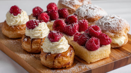 A selection of mouthwatering pastries rests on a wooden board. Creamy toppings and fresh raspberries create an inviting display, perfect for an afternoon treat in a bakery.の素材