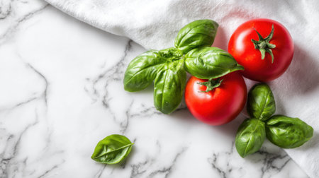 Two vibrant red tomatoes and fresh green basil leaves rest on a clean marble surface, showing their natural colors and freshness for preparing delicious dishes.の素材