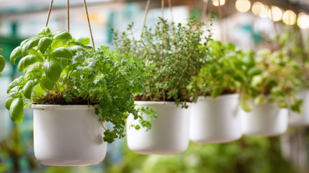 Fresh herbs including basil, thyme, and parsley are in hanging planters. The scene is bright and lively, perfect for a garden or kitchen herb display.の素材