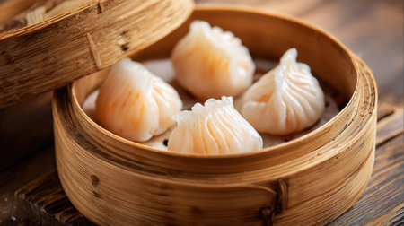 Steamed dumplings are neatly arranged in a bamboo basket, showcasing their delicate texture. The restaurant atmosphere is lively, filled with the aroma of fresh dim sum.の素材