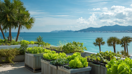 View from a rooftop garden filled with vibrant green plants, including lettuce and herbs. The ocean is visible in the background under a clear sky with distant mountains.の素材