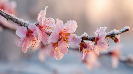 Frost-covered pink blossoms bloom on a branch, showing natural beauty in the early morning light of winter. The scene captures the essence of nature's resilience in cold.の素材