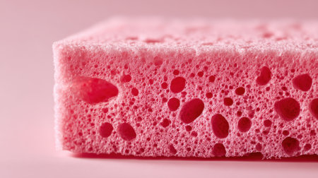 A pink sponge is displayed in detail, highlighting its porous texture and vibrant color. The soft background complements the sponge's design and appearance.の素材