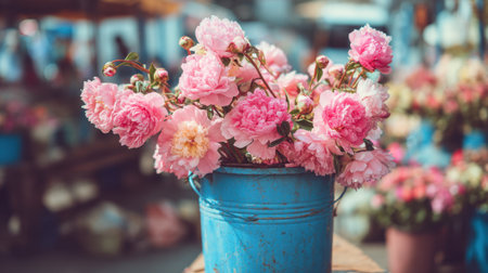 Fresh pink peonies are arranged beautifully in a blue bucket at a vibrant flower market. The scene is lively, filled with various colorful blooms on a sunny day.の素材