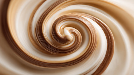 Whirling colors blend coffee and milk, producing a captivating pattern. This scene, set in a kitchen, highlights the art of mixing beverages creatively and enjoyably.の素材