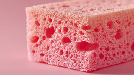 A vibrant pink sponge is displayed against a soft pink backdrop. The sponge features a distinctive porous texture, showing its absorbent qualities.の素材