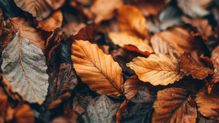 A variety of autumn leaves covers the forest floor, showing shades of orange, brown, and yellow. The leaves create a calming atmosphere in the nature setting.の素材