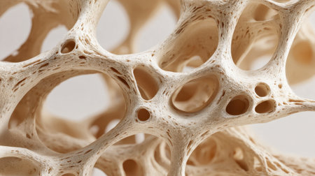 Close-up of a complex arrangement of natural bone tissue showing detailed textures and shapes. The soft lighting highlights its unique features and patterns.の素材