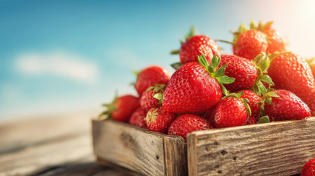 A wooden crate overflows with bright red strawberries. Sunlight shines on the fresh fruit, showcasing their vibrant color against a blue sky. Perfect for summer recipes.の素材