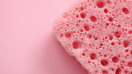 A vibrant pink sponge covered in bubbles rests on a soft pastel pink background. The sponge features a unique texture, adding a playful touch to the scene.の素材