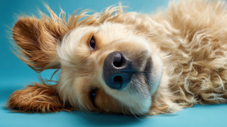 A fluffy dog lies comfortably on a blue surface, its ears perked and a relaxed look on its face. The dogs soft fur and tranquil demeanor create a cozy atmosphere.の素材