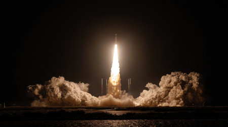 A rocket lifts off from the launch pad, sending flames and smoke high into the night sky. The powerful launch showcases human ingenuity and the quest for exploration.の素材
