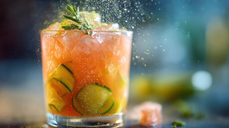 A vibrant cocktail made with cucumber slices and herbs sits in a clear glass filled with crushed ice. The drink sparkles under soft light, perfect for warm weather enjoyment.の素材