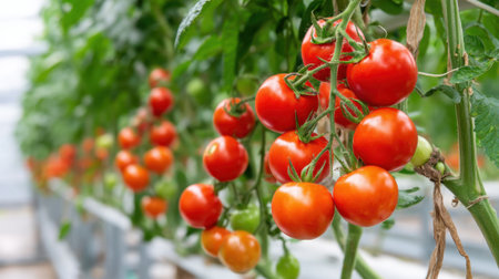 Red tomatoes are ripening on vines in a greenhouse, surrounded by lush green plants. The setup showcases a clean and organized space for growing fresh produce.の素材