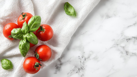 Bright red cherry tomatoes are scattered with fresh basil leaves on a soft cloth, resting on a sleek marble countertop, creating a lively and appetizing arrangement perfect for cooking.の素材