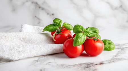 Three bright red tomatoes sit next to fresh green basil leaves on a marble countertop. A white cloth adds a touch of elegance to this fresh ingredient display.の素材