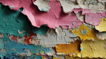 Colorful paint layers peel away from an old wall, revealing a mix of vibrant hues in a city environment. This texture captures the passage of time and urban decay.の素材