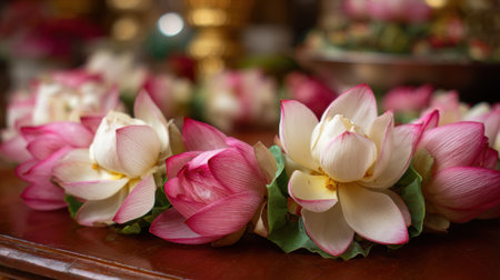 A colorful garland made of white and pink lotus flowers rests on a wooden surface, surrounded by decorative items. It captures the essence of a cultural event, adding beauty to the setting.の素材