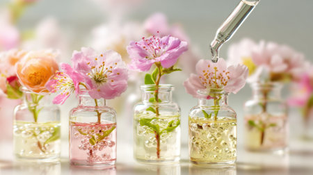 Small glass vials filled with colored liquids contain various flowers. A dropper adds more liquid to the vials, enhancing the vibrant blooms in a soft, bright environment.の素材