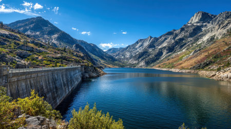 Majestic mountains frame a tranquil lake beside a large dam under a bright blue sky. This serene landscape showcases the natural beauty of the Sierra Nevada.の素材