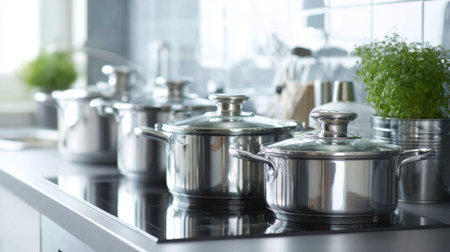 Several shiny, stainless steel cooking pots are lined up on a sleek stovetop in a contemporary kitchen. Fresh herbs in small pots add a touch of greenery to the space.の素材