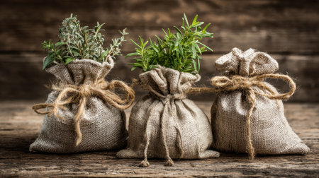 Three burlap bags filled with different herbs sit on a textured wooden table. The green plants thrive in the bags, showing a natural and rustic decor style.の素材