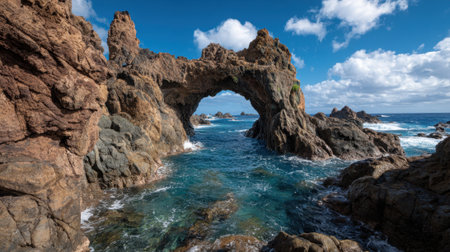 The stunning rock formation stands tall by the ocean, with waves crashing against its base. Bright blue skies and white clouds create a beautiful backdrop for this coastal scene.の素材