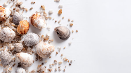 A collection of various seashells and tiny pebbles lies on a smooth white surface, showing the natural beauty and textures typical of a beach environment, evoking a coastal vibe.の素材