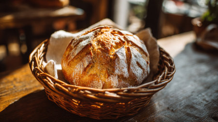 A golden, crusty loaf of bread rests in a woven basket, placed on a rustic wooden table inside a warm and welcoming bakery during the morning. The soft sunlight enhances the inviting atmosphere.の素材
