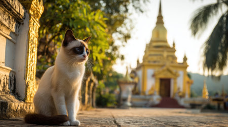 A calm cat sits quietly by a golden temple during sunset, surrounded by lush green plants. The soft light enhances the peaceful atmosphere, creating a serene moment in the outdoor location.の素材